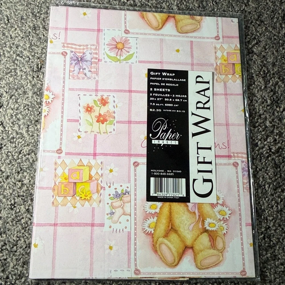 5/$25 VINTAGE Baby Girl Congratulations Wrapping Paper Teddy Bear Blocks